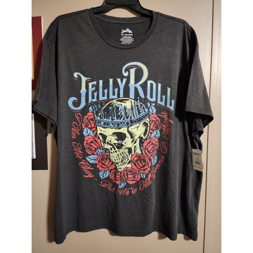Jelly Roll T-Shirt Beautifully Broken Skull Roses 2XL Charcoal Heather
